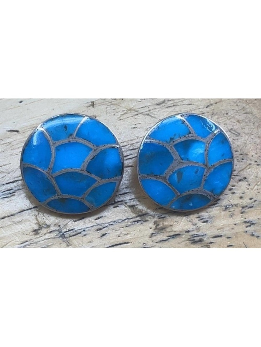 Zuni jewelry handmade turquoise inlay cluster post earrings sterling silver